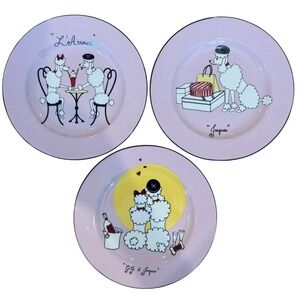 American‎ Atelier Paris Pink Poodle Porcelain Salad Plates Set 3 Canapés Dessert